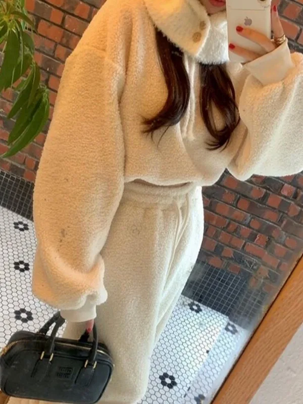 Women's Fleece Lined Hoodie Thickened Lamb Fur Autumn Winter Style Sporty Two-Piece Set Small Size Fashionable Casual Wear