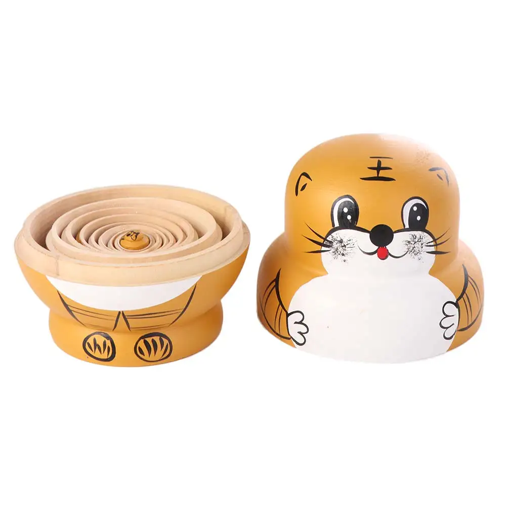 10 Layer Tiger Russian Nesting Animals Pattern Wooden Animal Tiger Stacking Large Eyes Cartoon Matryoshka Toddlers Child