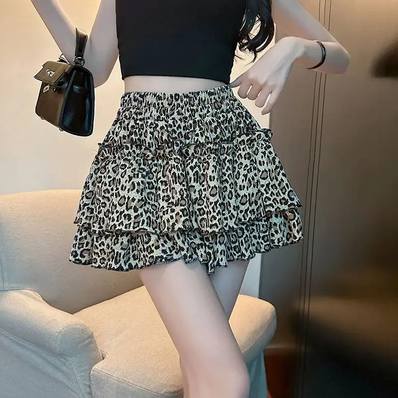 Summer Sexy Leopard High Waist Midi Skirt Female Puffy Skirt A-line Short Skirts Elastic Waist Pleated Skirt Faldas Traf юбка