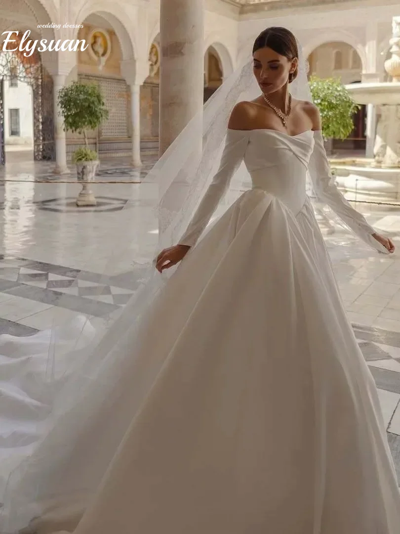 Aangepaste elegante lange mouwen trouwjurken satijn een lijn bruidenjurk backless off-the-shoulder prinses bruidsjurk