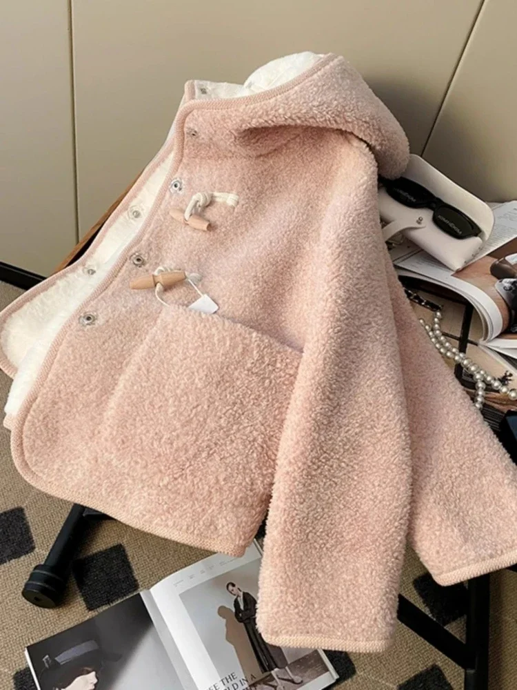 Autunno Inverno Cappotto di agnello Cappotto caldo in pile Monopetto Rosa Manica lunga Tasche dolci Top Abbigliamento donna Tendenza Nuovo