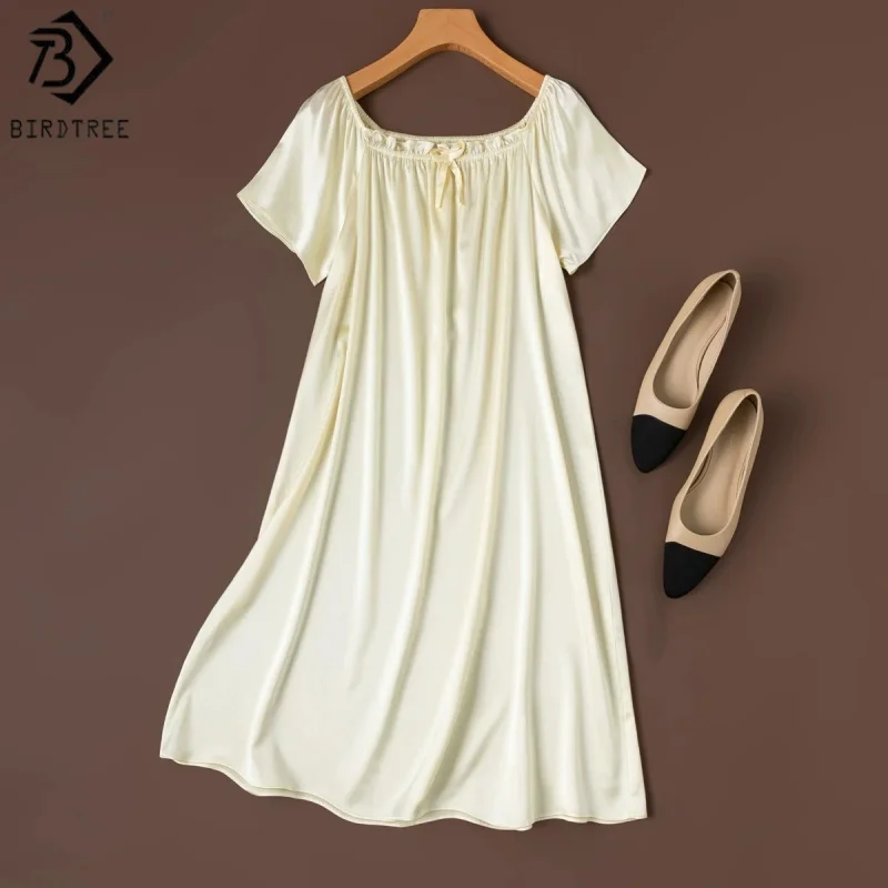 Birdtree, 21MM 92% Silk 8% Spandex Nightgown, Women Plain Satin Short Sleeve Pajama Homewear Dresses, 2026 Summer New D64836JF