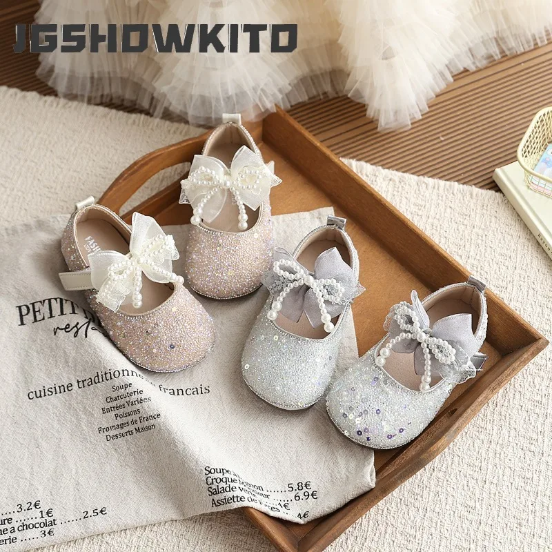 JGSHOWKITO Girls Princess Sequins Dress Mary Jane Shoes Pearl Bow Children Leather Shoes Catwalk Perform Kids Party Flat Shoes
