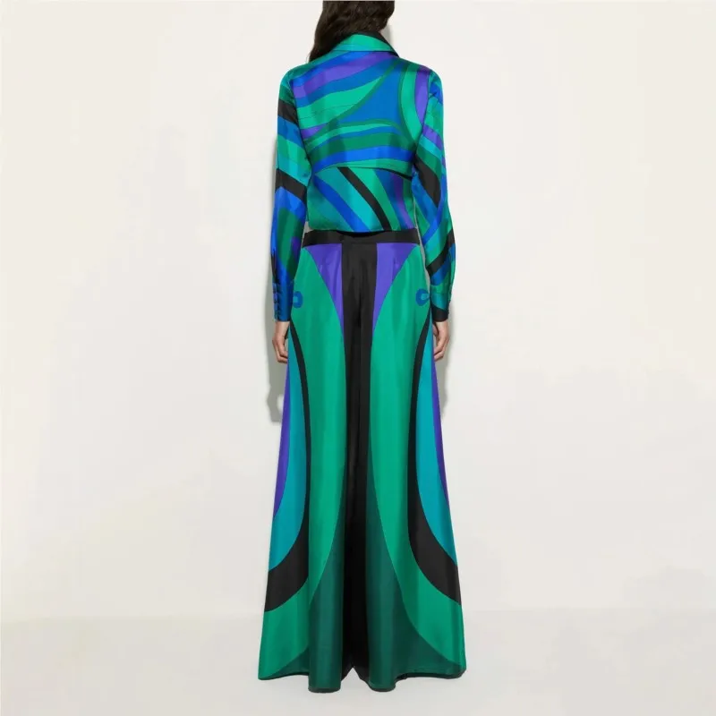 Women Satin Print Two Piece Sets 2025 Geometric Button Long Sleeved Shirt+ Long Skirt Autumn Holiday Seaside Casual Set
