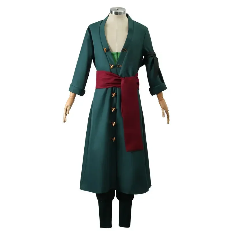 CosplayAnime One Piece-Disfraz de Roronoa Zoro, abrigo verde, peluca, pendientes, conjunto completo, uniforme, traje, trajes de fiesta de Halloween para anuncios