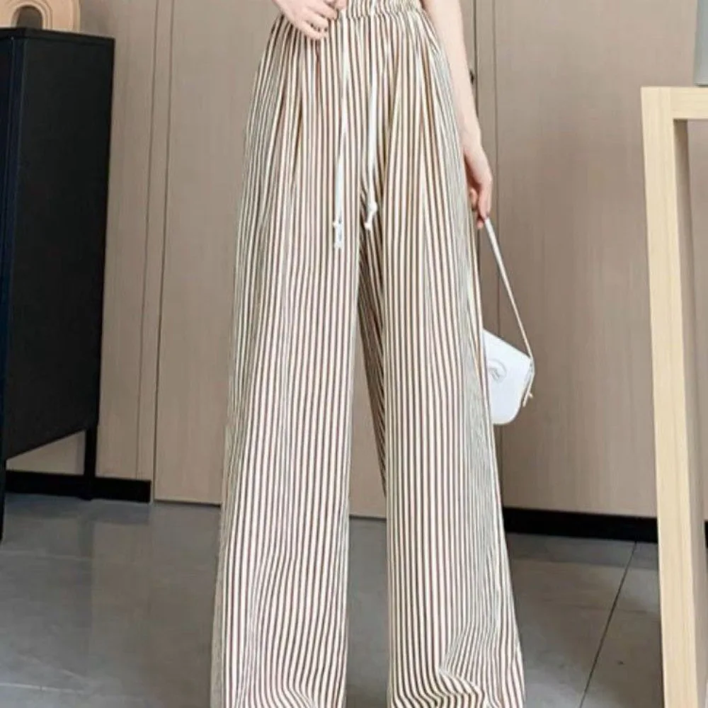 

Breathable Drawstring Ice Silk Wide Leg Pants Loose Straight Striped Yamamoto Pants Dropping Feeling Trousers Spring