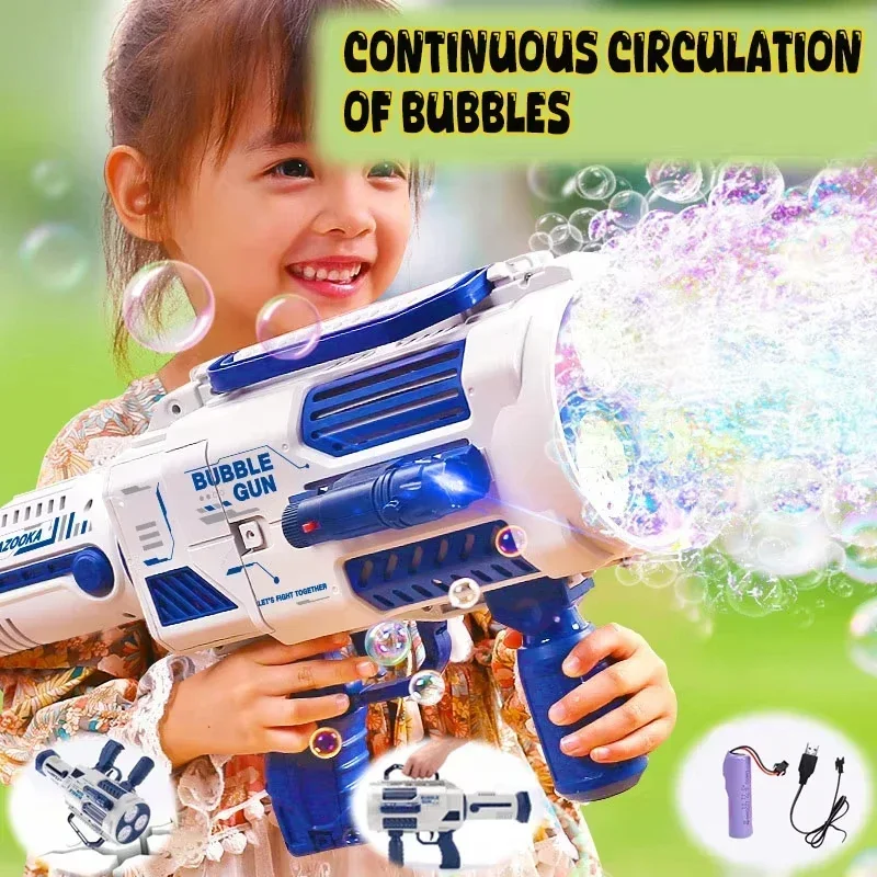 Pistola de burbujas de cohete automática grande, máquina lanzadora de burbujas con agujeros grandes, soplador con forma de jabón, juguete espacial para niños, juguete divertido para exteriores