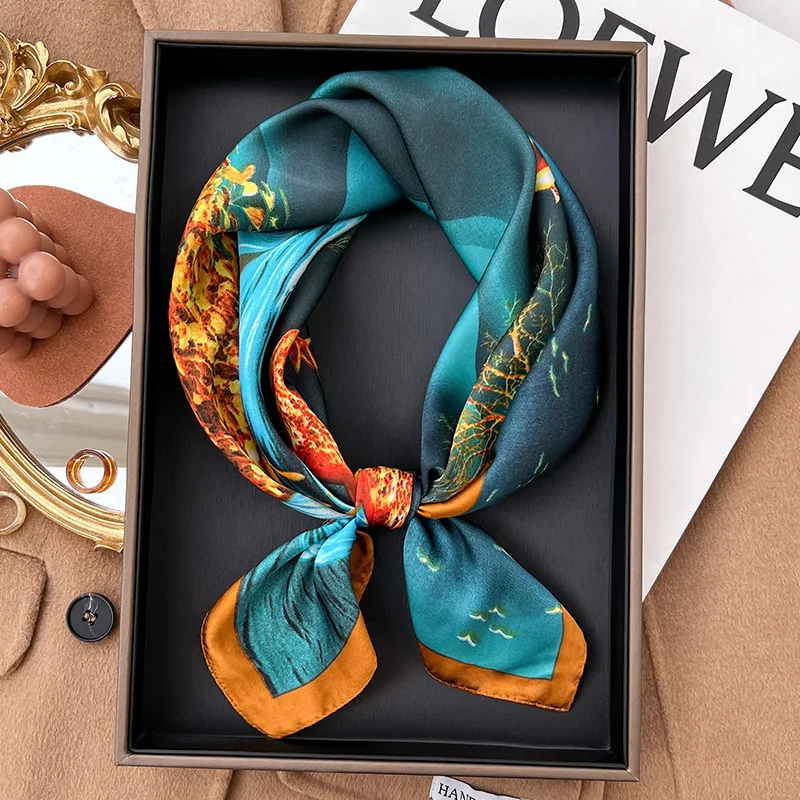 Plaid Silk Square Scarf Women Satin Shawl Wrap Hijab Female Hair Band Wrist Luxury Headkerchief 70*70cm Echarpe 2022 Bandana