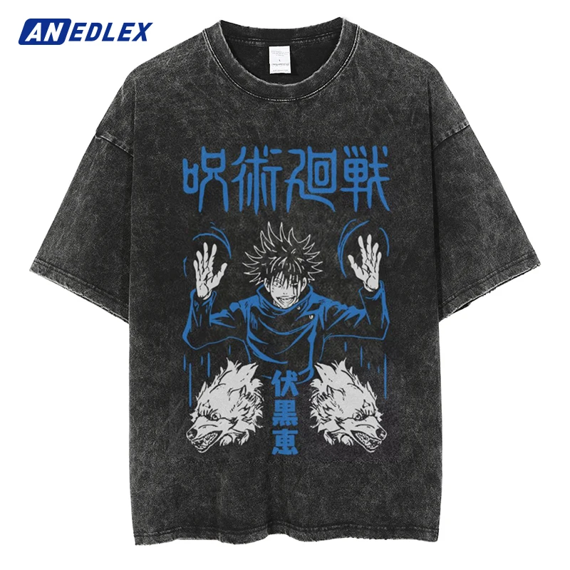 Men Streetwear Summer Casual Cotton Tops Tees Harajuku Japanese Anime Printed T-shirt Vintage Washed Oversized Black Tshirt