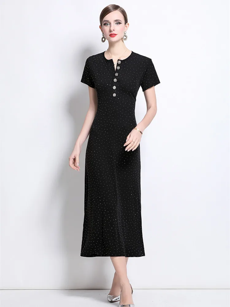 

Elegant O-neck Short Rose Buttons Slim Midi Dress for Women Luxury Rhinestones Summer Formal Occasion Dress Women