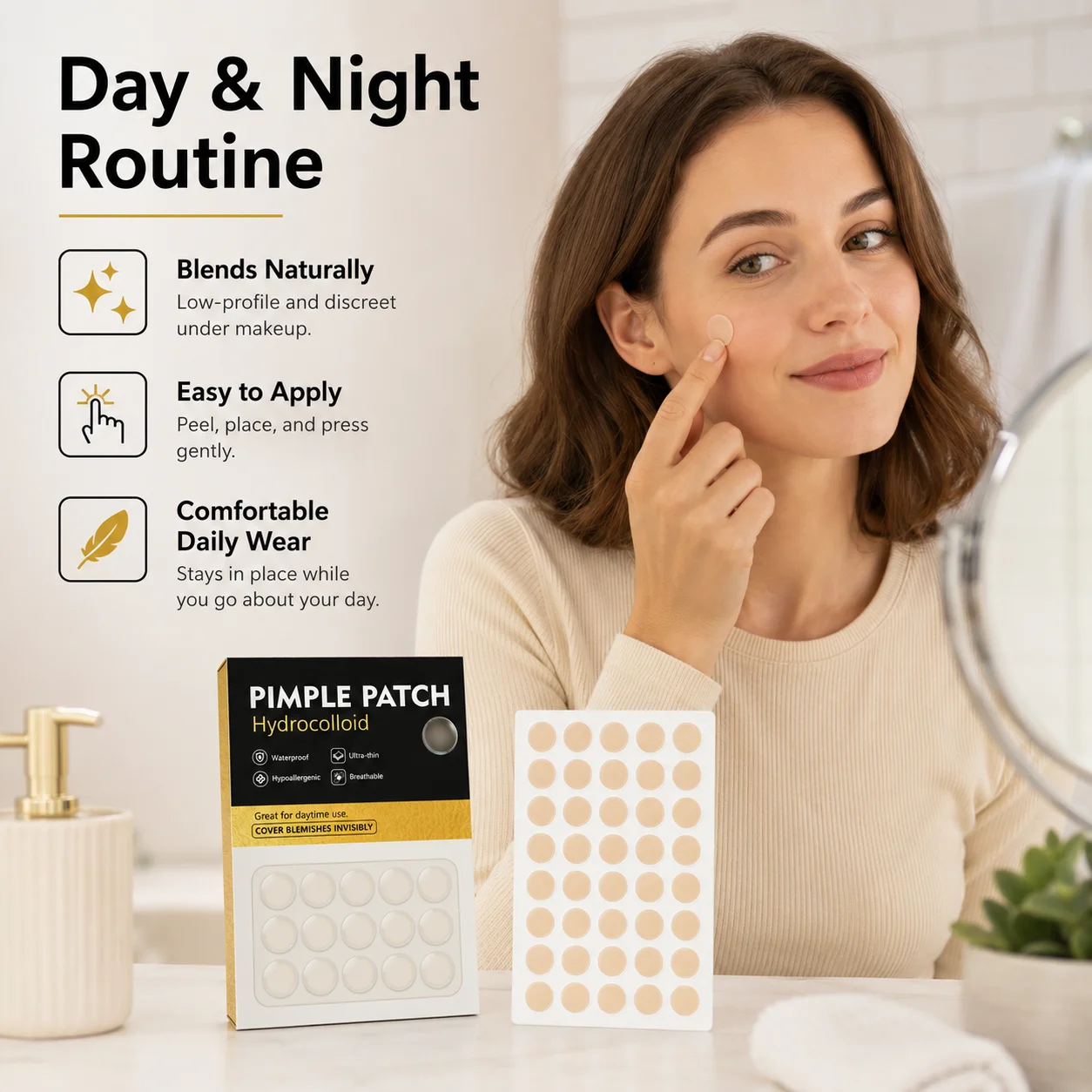 600PCS Hydrocolloid Pimple Patches, 15 Sheets, Skin Tone Ultra-Thin Waterproof Face Stickers for Day & Night Use