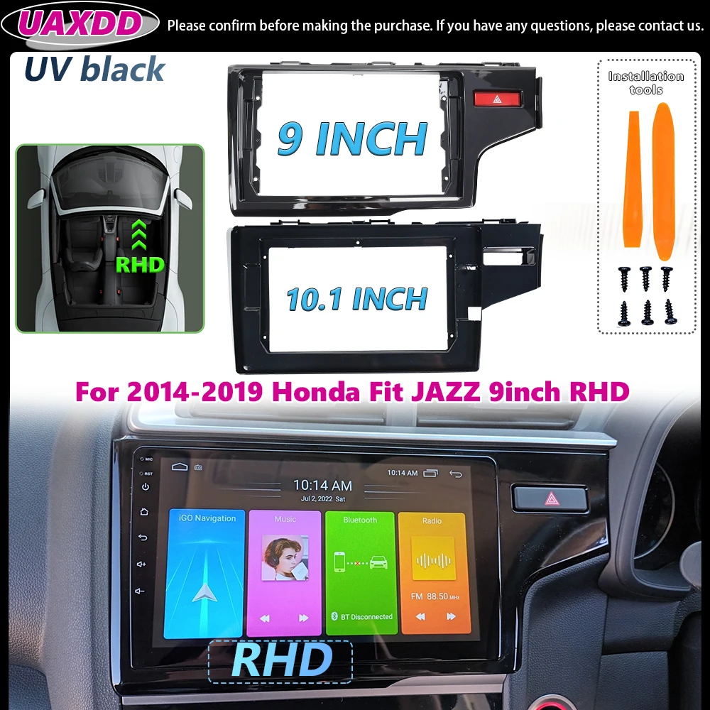 UAXDD 2 Din For 2014-2019 Honda Fit JAZZ 9inch RHD UV BLACK Car Android Frame Kit Panel Center Fascia Cable Video Harness Canbus
