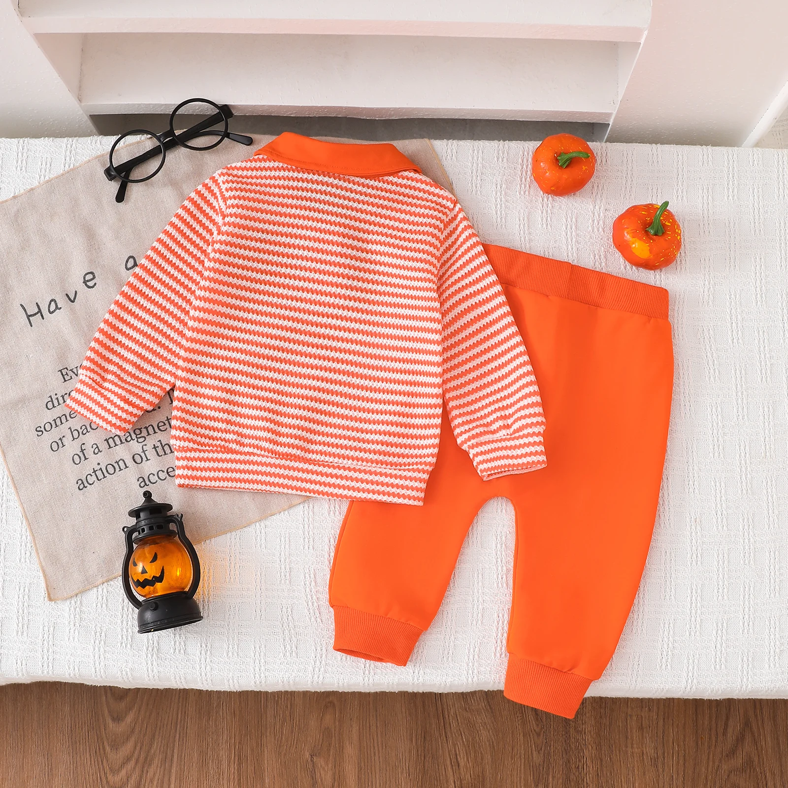 Unisex Fall/Winter Baby Outfit: Orange Pumpkin-Embroidered Long-Sleeve T-Shirt and Black Pants Two-Piece Set for Halloween