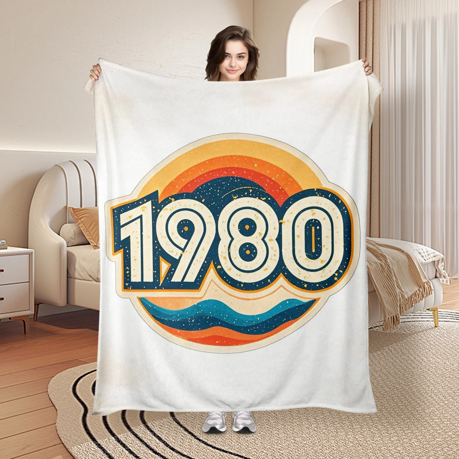 Vibrant 1980 Year Inspired Orange Yellow Blue Design Blanket For Creative And Retro Themed Room Or Living Space Accent