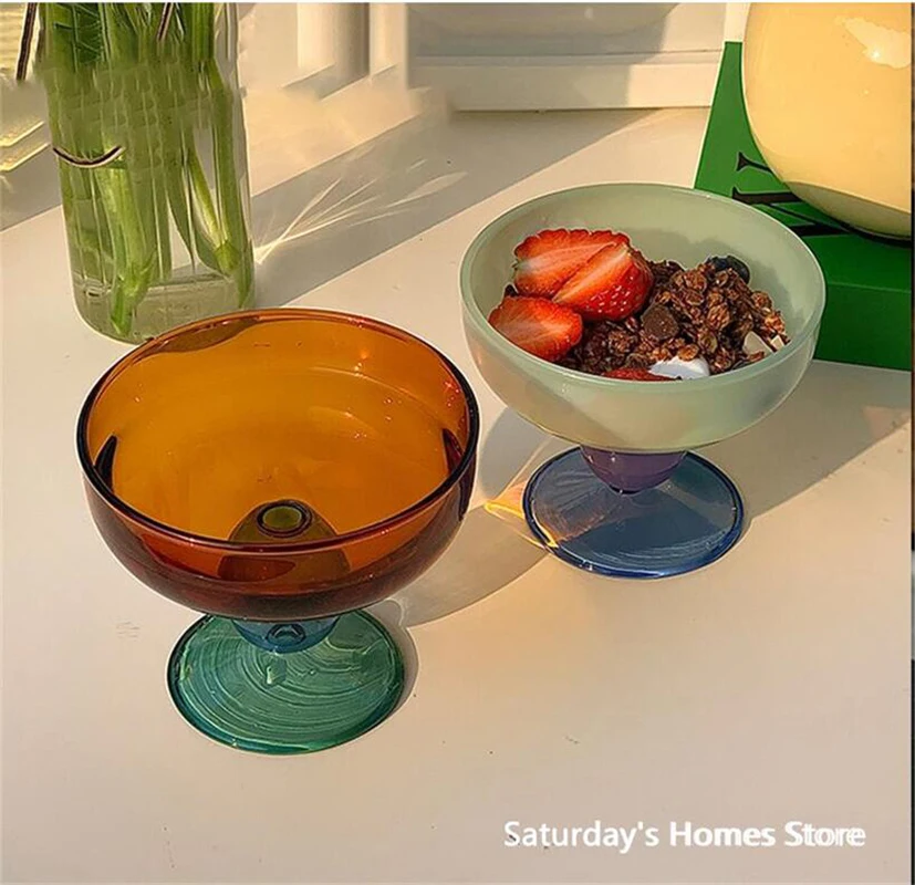 Clorful Glass Goblet Fru Ice Cream Dessert Bowl Clorful Transparent Mug Fruit Salad Borosilicate Glass Bowl Heat Resistant Glass