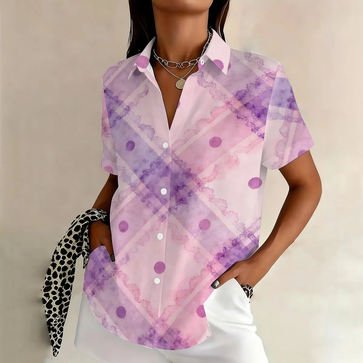 

Personalized minimalist striped polka dot print women's summer collar short sleeved shirt fashionable daily versatile top