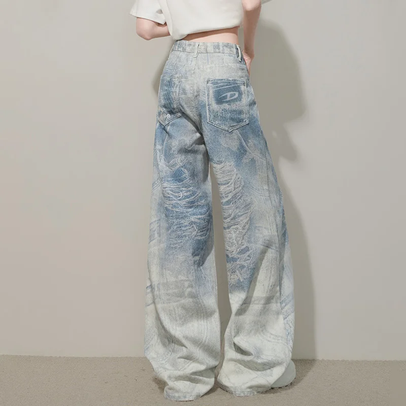 WTHTแฟชั่นผู้หญิงใหม่Tie Dye Washตรงกางเกงยีนส์ 2025 ฤดูร้อนอินเทรนด์สูงเอวกว้างขากว้างกางเกงหญิง 1LS2187