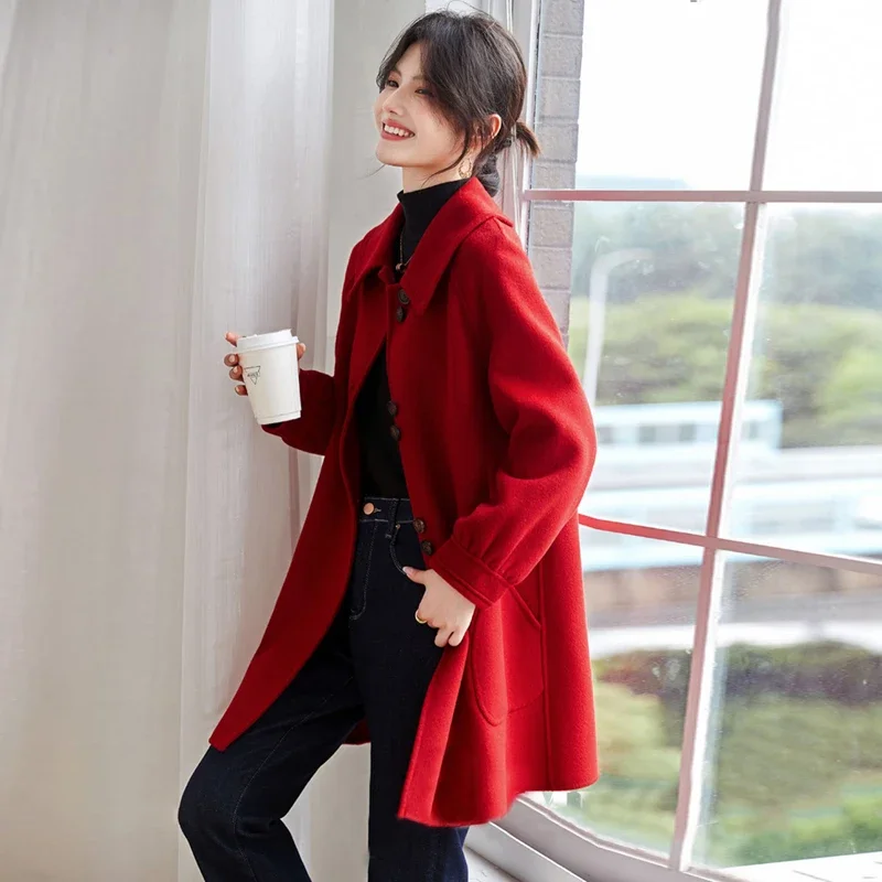 French Red Vintage Woolen Coat, 2024 New Trendy Quality Doll Collar A-line Loose Jacket for Women Female Office Lady Hot Sale