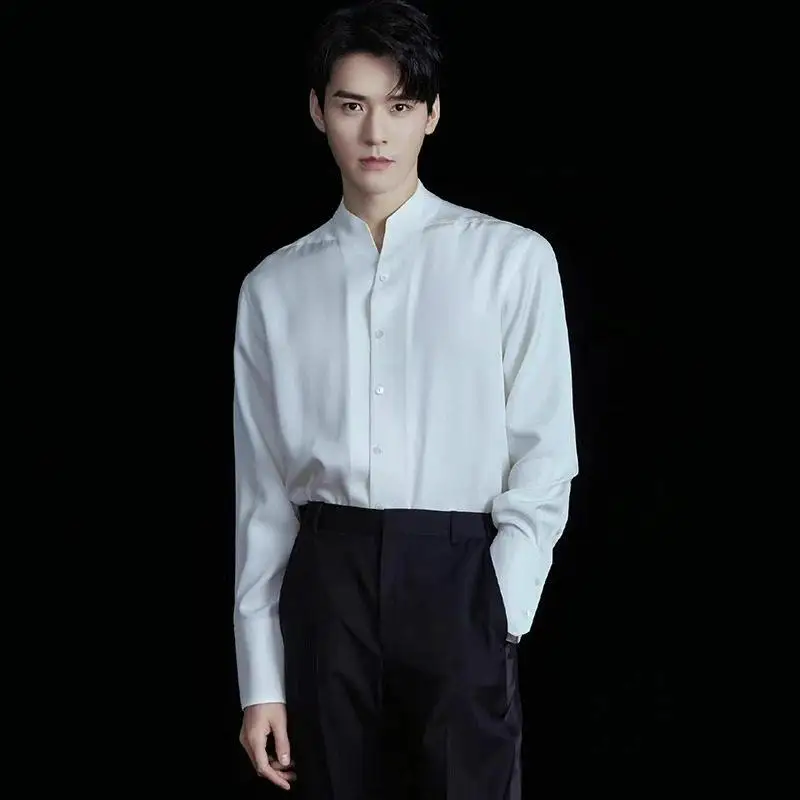 

Handmade Long Sve Busin Casual irt Men's V-ne Stand Collar Premium Lightweight Ele Gentleman Polyester Rayon