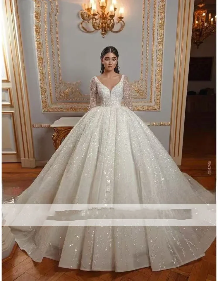 

Flavinke Индивидуальные блестящие блестки с v-образным вырезом и длинными рукавами Свадебные платья Бальное платье с скользящим шлейфом Тюлевое свадебное платье Vestido de Novia