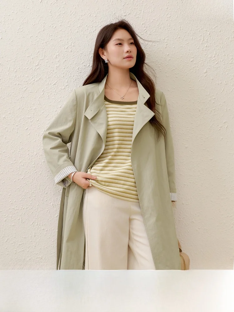 

Fuli Casual Striped Design Detachable Waist Belt Windbreaker for plus Size Women Spring New Arrival Korean Sle Slim Fit Coat