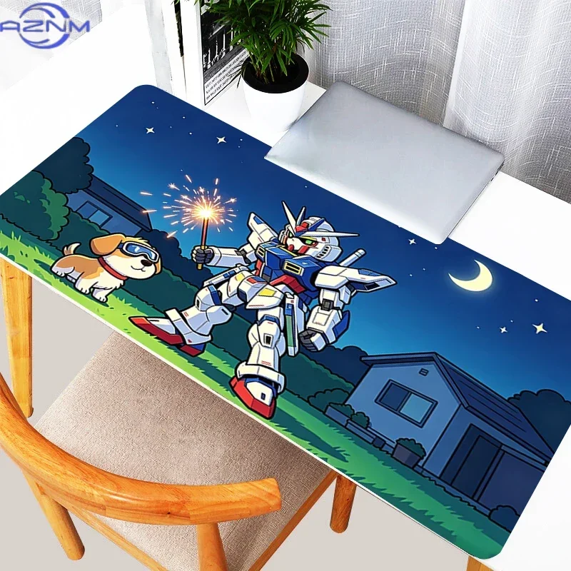 Cartoon Night Lawn Scene Cute Mecha and Puppy Holding Sparkler Mouse Pad, Rubber Non Slip Backing, Smooth Surface Gaming Desk Ma