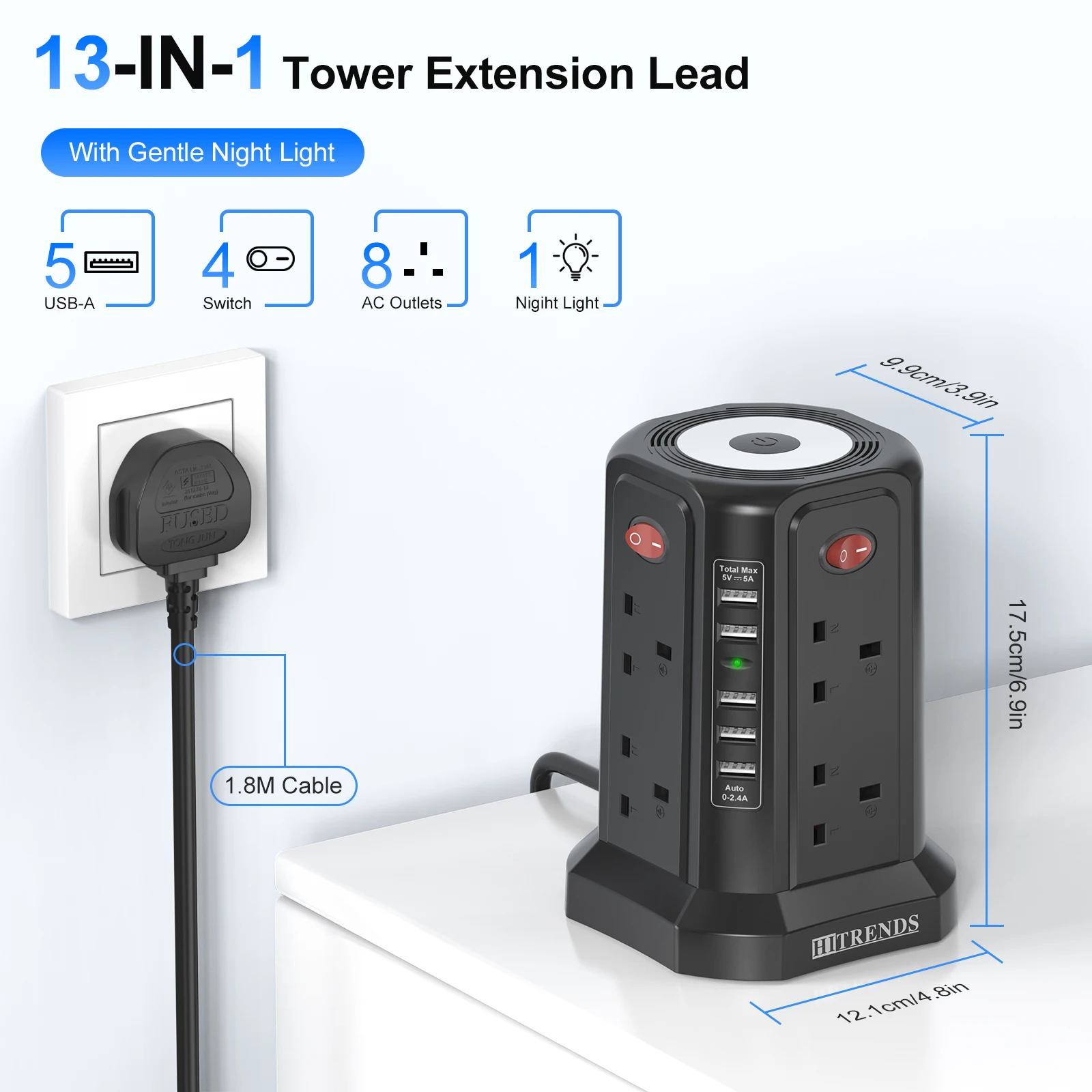 HITRENDS 13-in-1 multi-functional tower power strip with LED night light, 8AC+5USB fast charging, 4 independent switch sockets