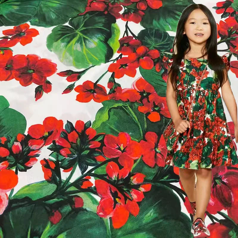 2024 New Europe and America Fashion Show Geranium Flower Printed Cotton Fabric For Women Dress Blouse Handmade DIY Cloth Sewing