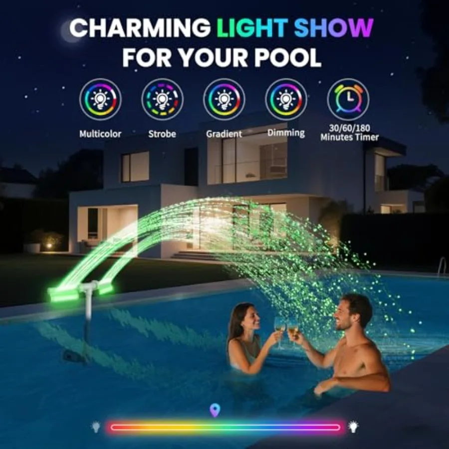 Swimming-Pool Waterfall Fountain w/Colorful Led-Lights - 7 Color Changing Above/Inground Pool Fountain Lights with Remote, Wate