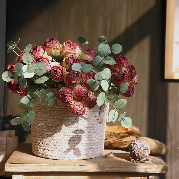 Artificial Flowers Retro Burnt Edge Roses Silk Fake Flower Home Living Room Decoration Simulation Rose Wedding Decora Floral