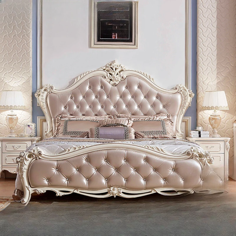 

Double bed master bed real leather solid wood pastoral 1.8 meters wedding bed princess