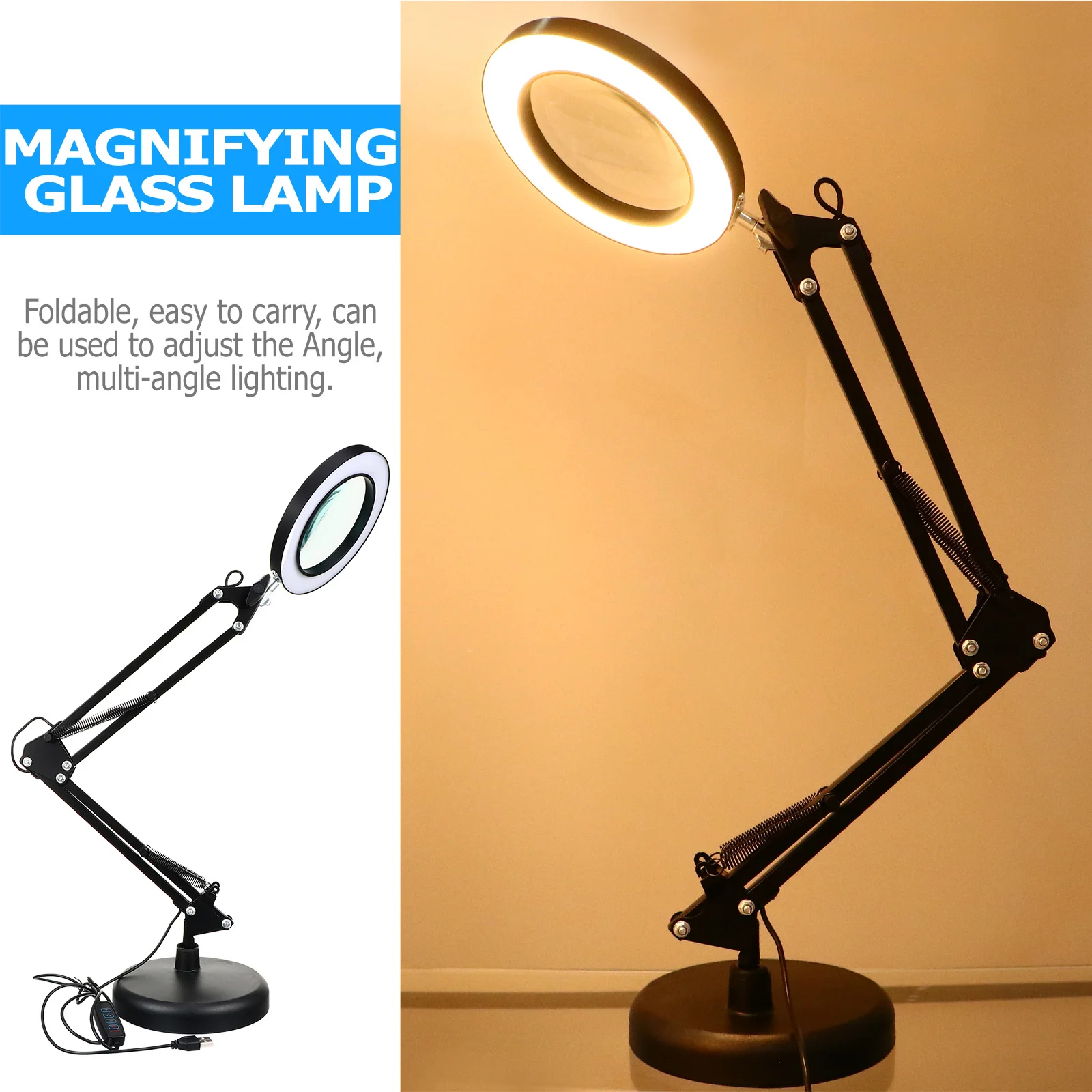 

LED Magnifying Lamp Flexible Arm Shadow Desk ABS 5X Magnifier Glass Adjustable Height Rotating Head Foldable Easy