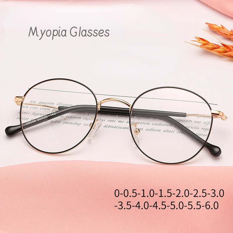 Myopia Glasses 2024 Women Round Ultralight Metal Frame Anti Blue Light Spectale Frame Finished Prescription Glasses 0~-6.0 очки