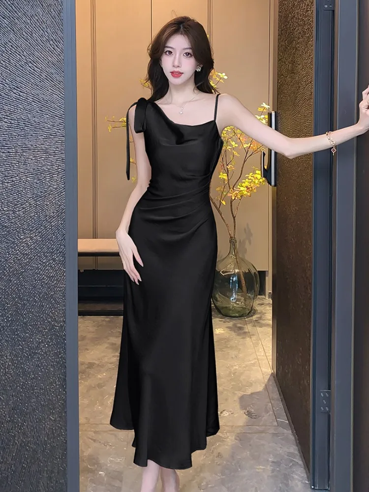 Summer Slim Fit Svel Satin Dr Women's High Waist Fi Tail Gown Design Sense Strap Dr French Sle A-Line Skirt