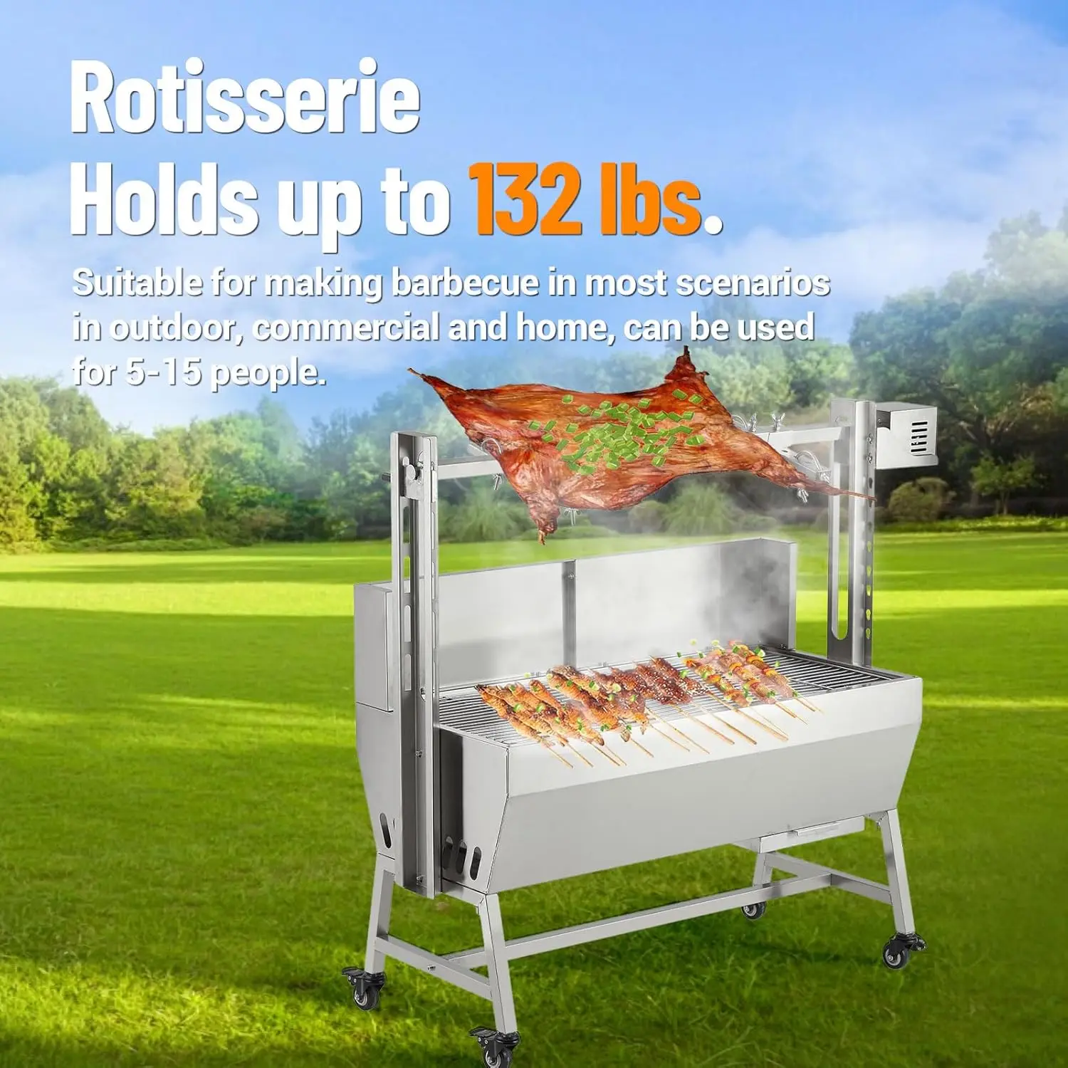 Stainless Steel Automatic Rotisserie Grill with Wind Screen, 37in 132LB Capacity Electric BBQ Pig Lamb Rotisserie Roaster 50W Mo