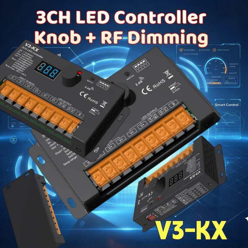Knob RF Dimmer V3-KX 3Ch LED Controller Dimming Suitable for Single Color CCT RGB LED strip Light Skydance Digital Display Push