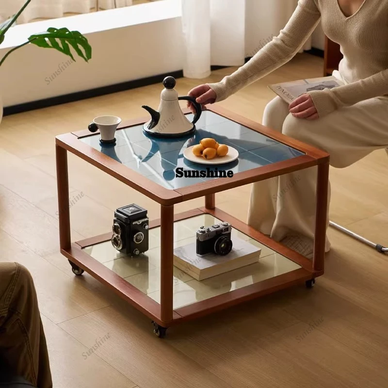 Medieval solid wood coffee table living room household mobile small table sofa side table