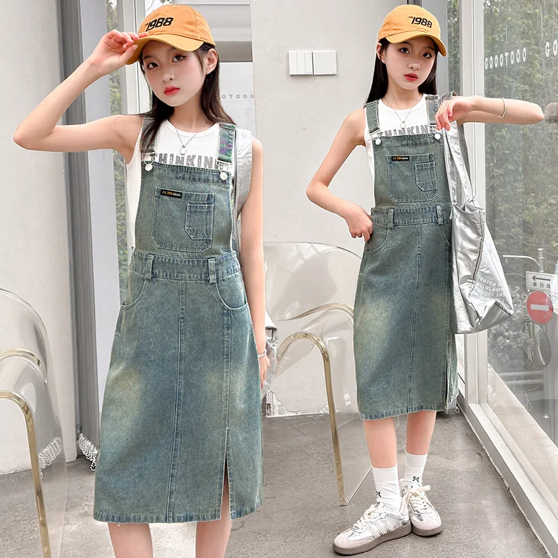 

New Summer Kids Girl Denim Pinafore Dress with Slit Children Vintage Blue Jeans Jumper Skirt Dress with Strap Overalls Age 5-14Y