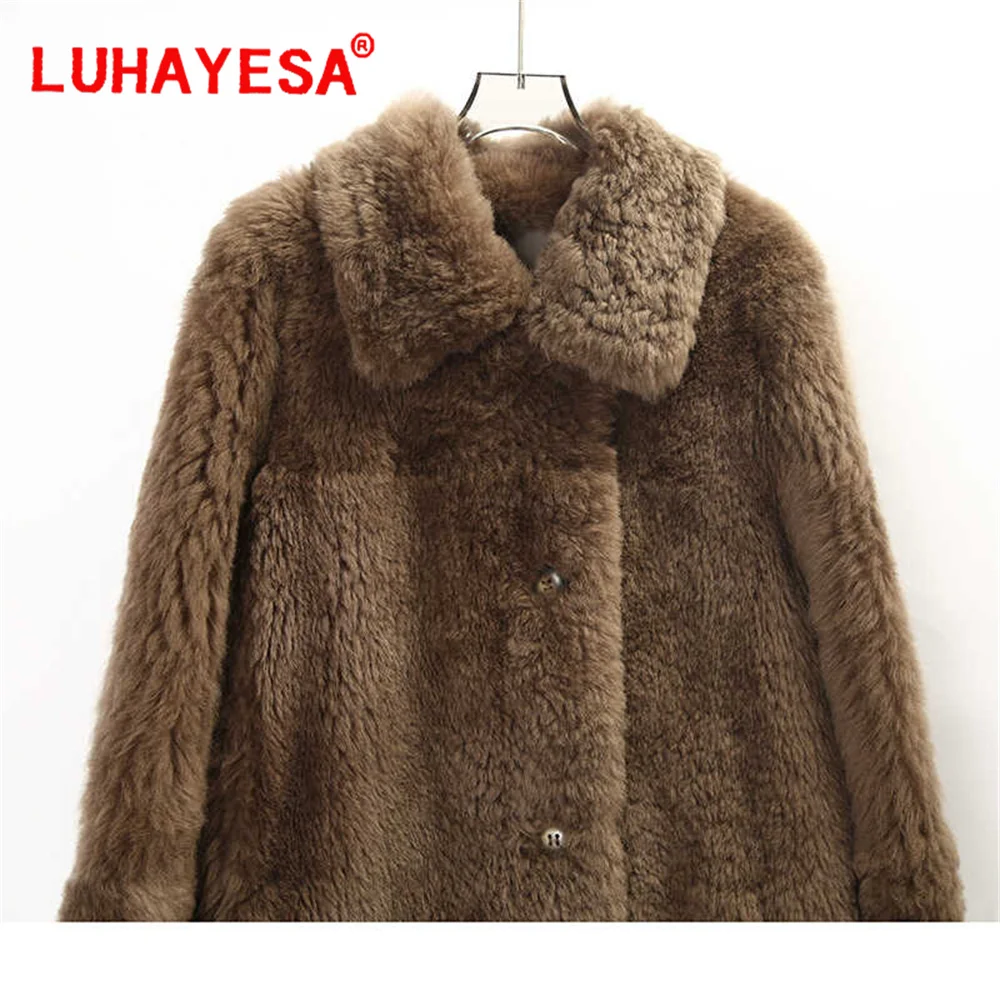 2024 Mosna Lamb Fur Shearling Clothes Women Long Brown Winter Real Fur Overcoat