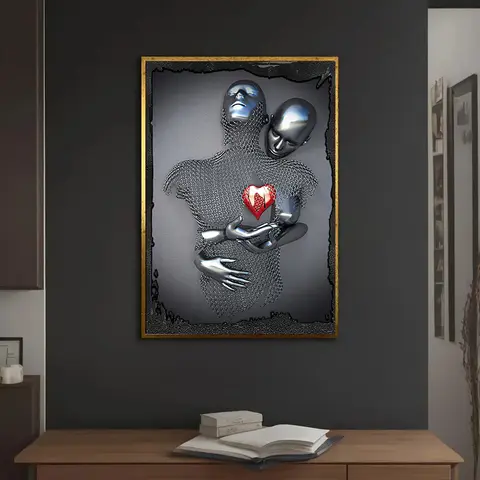 Bilashmart Canvas Prints Abstract Metal Figure Statue Art Canvas Painting Romantic Wall Picture Modern Living Room Home Decor Poster Print