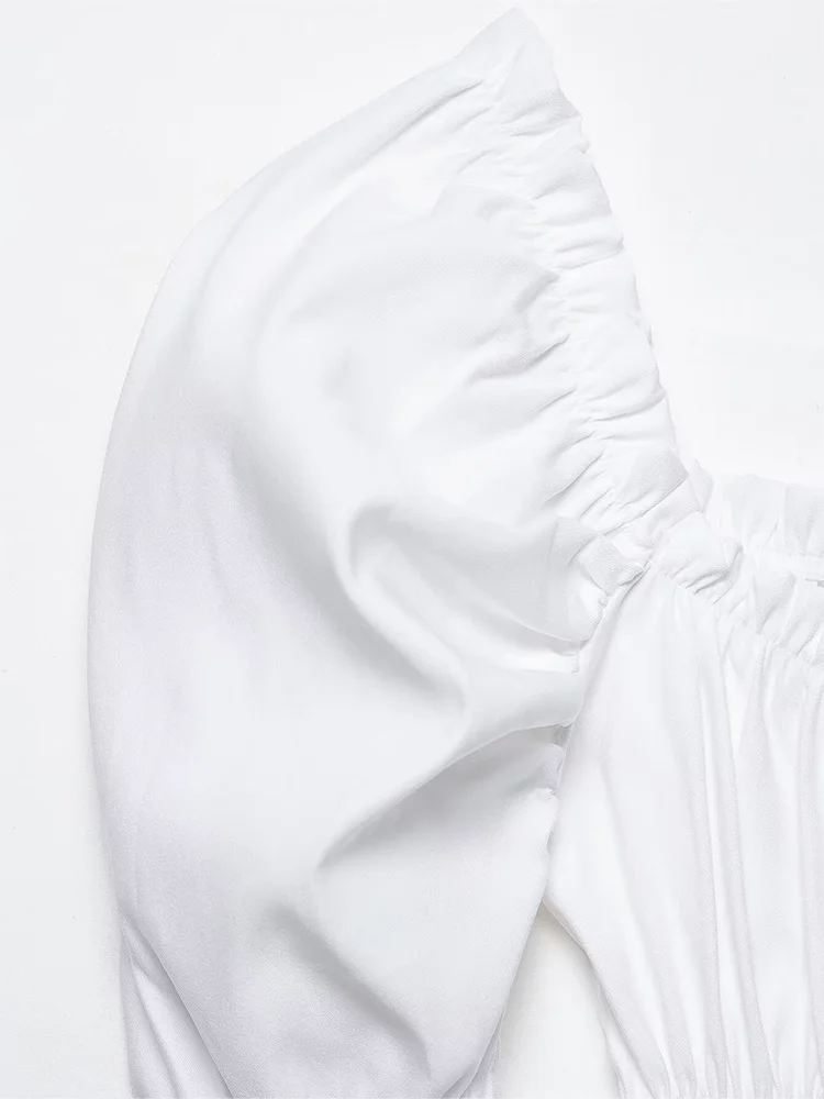 HH Women New Fashion Solid Puffed Sleeves Pleated Top Summer Female Elegant Sexy Generous Collar Resilience Short Top Mujer