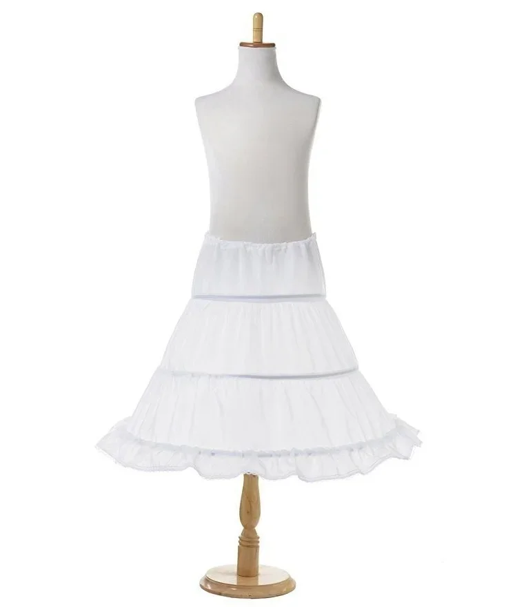 Kids Girls White Long Petticoat 3 Hoops One Layer A-Line Crinoline Lace Trim Flower Girl Dress Underskirt Petticoat