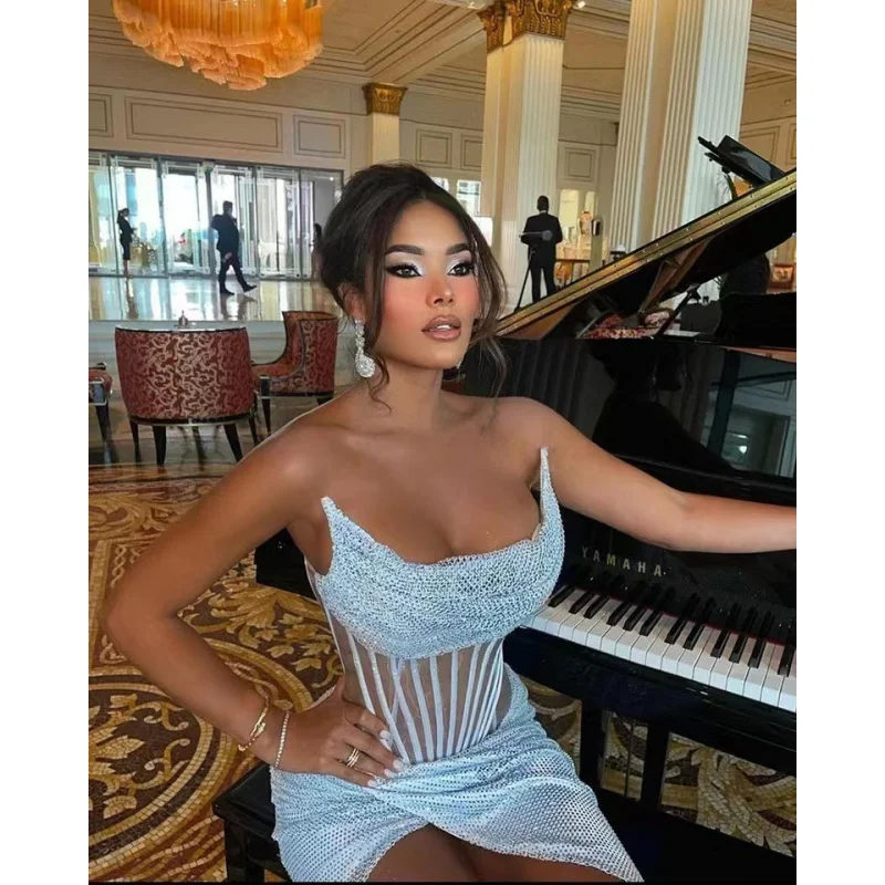 Robe bleue glacée à paillettes scintillantes, Sexy, transparente, sans bretelles, fente, pour Socialite, fête d'anniversaire, robe de soirée, nouvelle collection 2025