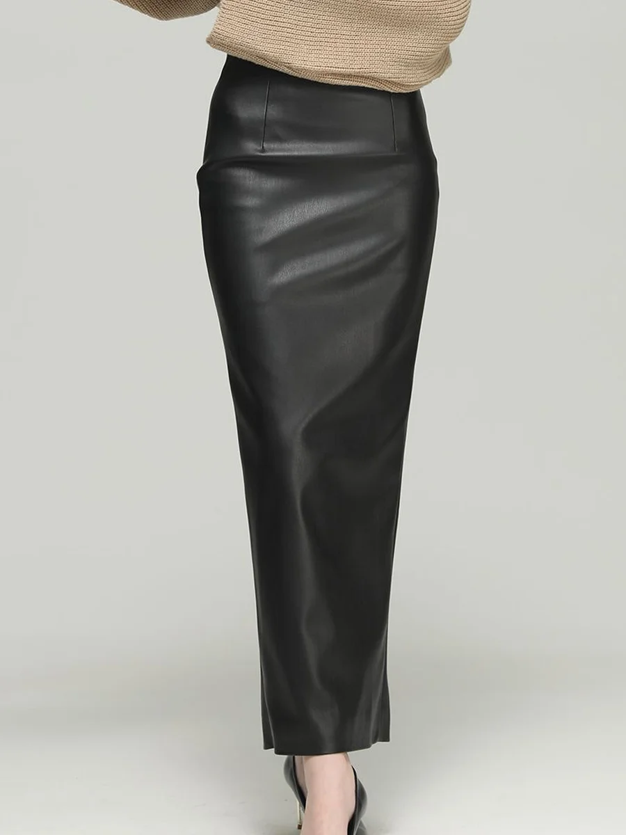 ارتفاع الخصر بولي Leather تنورة جلدية المرأة سليم صالح Bla تنورة طويلة تخفيف Sle خطوة واحدة تنورة f الجسم تنورة الخريف وصول جديد
