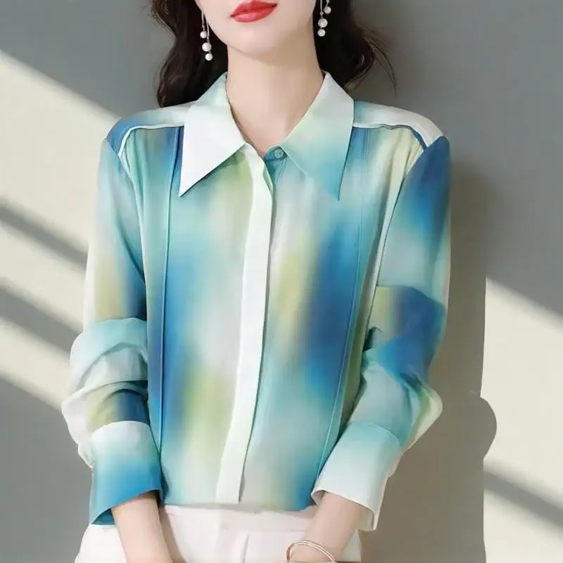Camicette di seta casual streetwear con stampa chic a maniche lunghe Camicie da donna eleganti e sottili da ufficio Top vintage Camisas