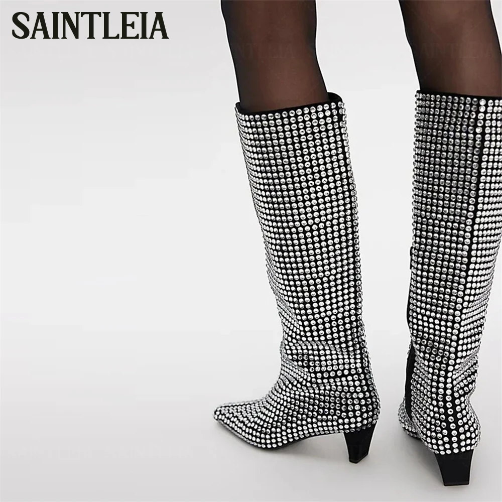 Crystals Crown Jewel Knee Boots Snip Toe Thick Kitten Heel Tall Boots Black Faux Suede All over Rhinestone Embellishments Boots