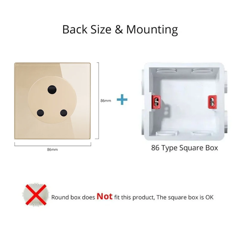 Type M 15A Wall Socket 86x86 Tempered Glass Panel Fits Square Back Box Electrical Power Outlet for Home Indoor Use