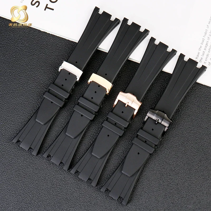 Para Ap Royal Oak Offshore Waterproof 15400/26470/15703 Dupla Fivela De Aço Côncava de Borracha Silicone Black Watch Strap