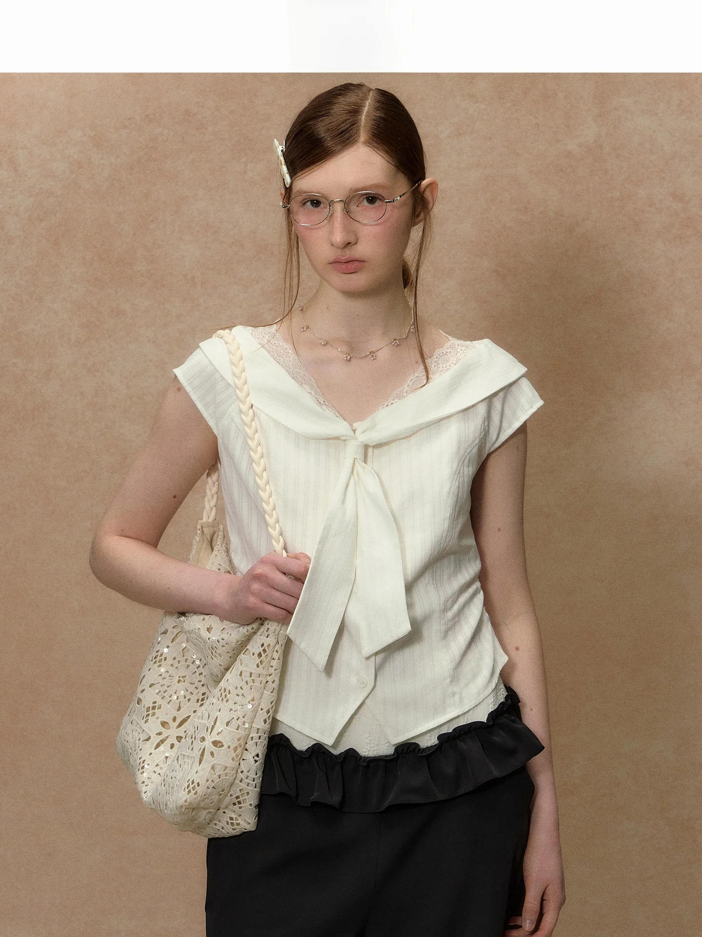 

LOLOL Light Bay Lace Trim Shirt Women's Short Sleeve Slim Fit Cotton Breathable Summer Striped Short Length Top