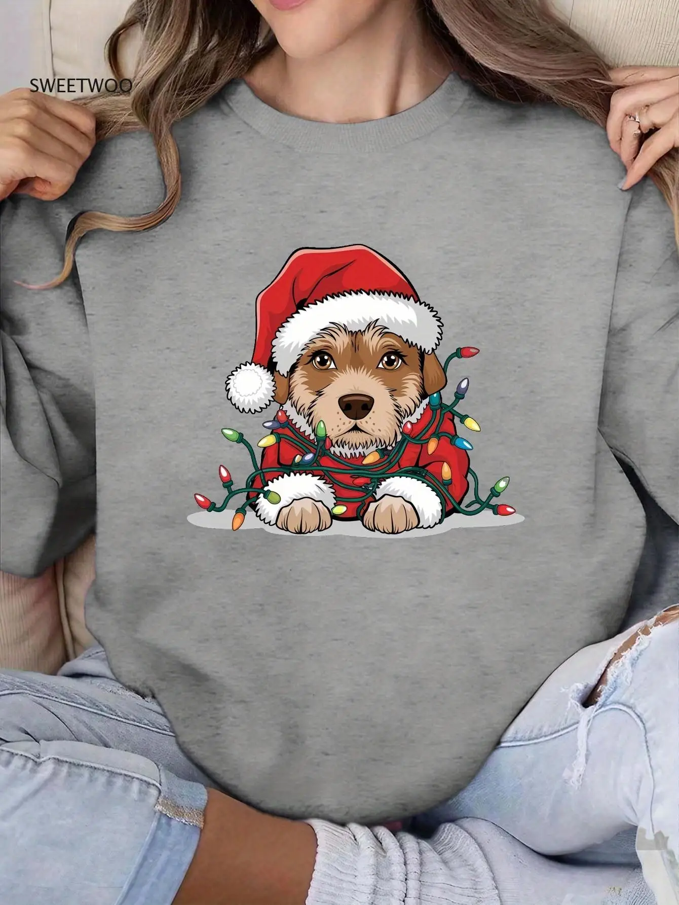 

Женская праздничная толстовка с круглым вырезом с принтом Санта-Клауса, повседневный стиль, геометрический узор, обычная длина, осенне-зимний сезон